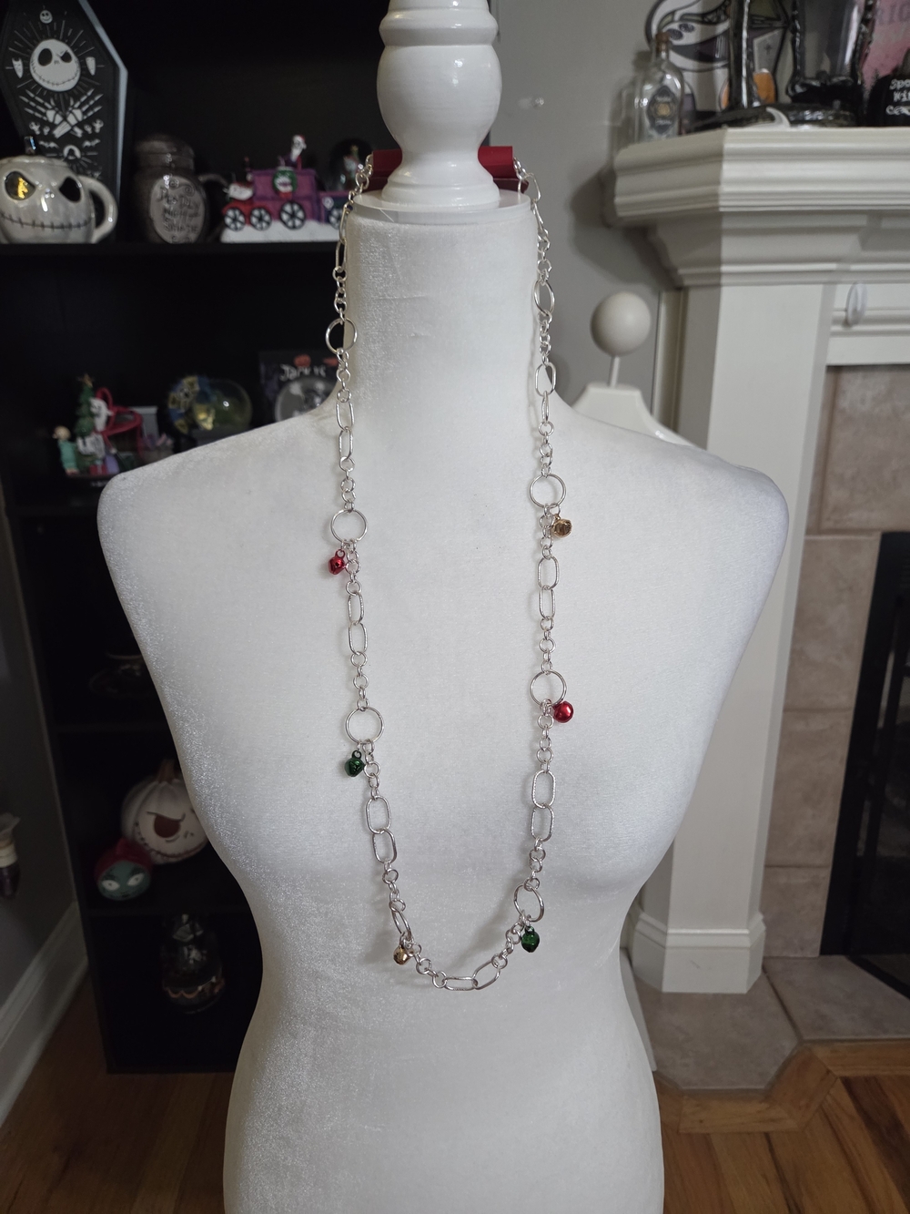 Kohl's Silver-Tone Long Link Necklace with Red, Green & Gold Bells
